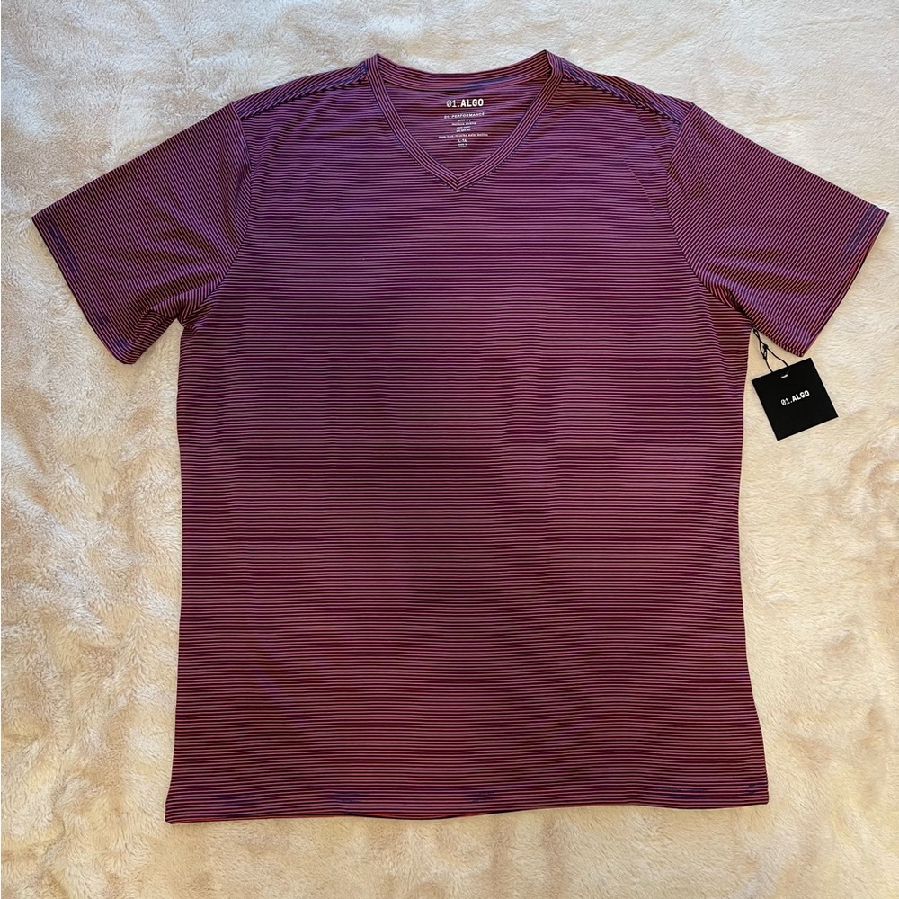Algo Performance Red & Navy Striped V neck T-shirt size Large